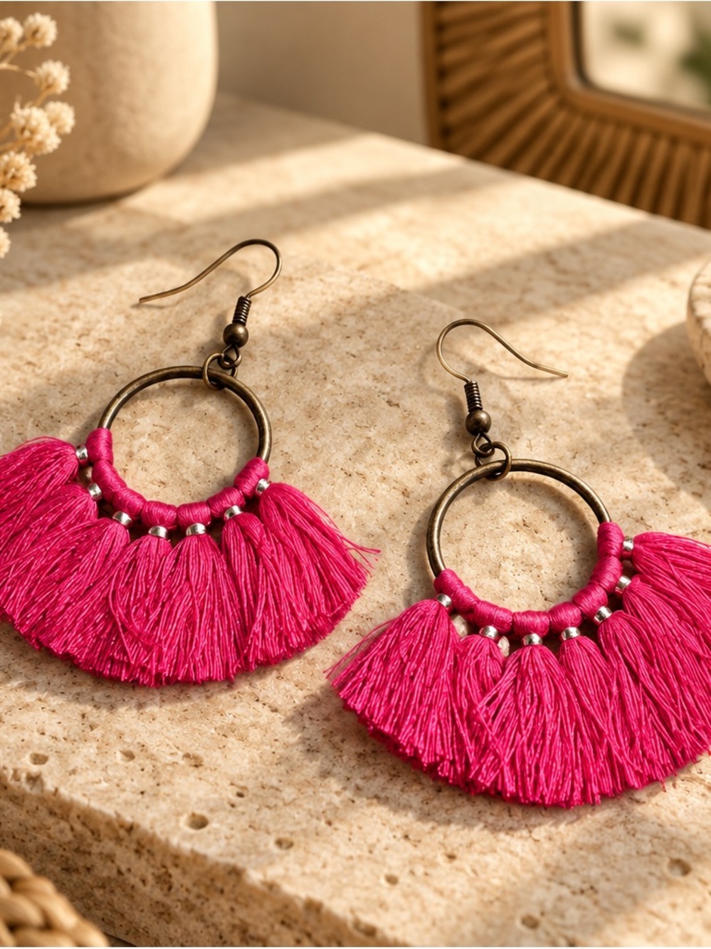 Boho Fringe Hoop Earrings - Hot Pink
